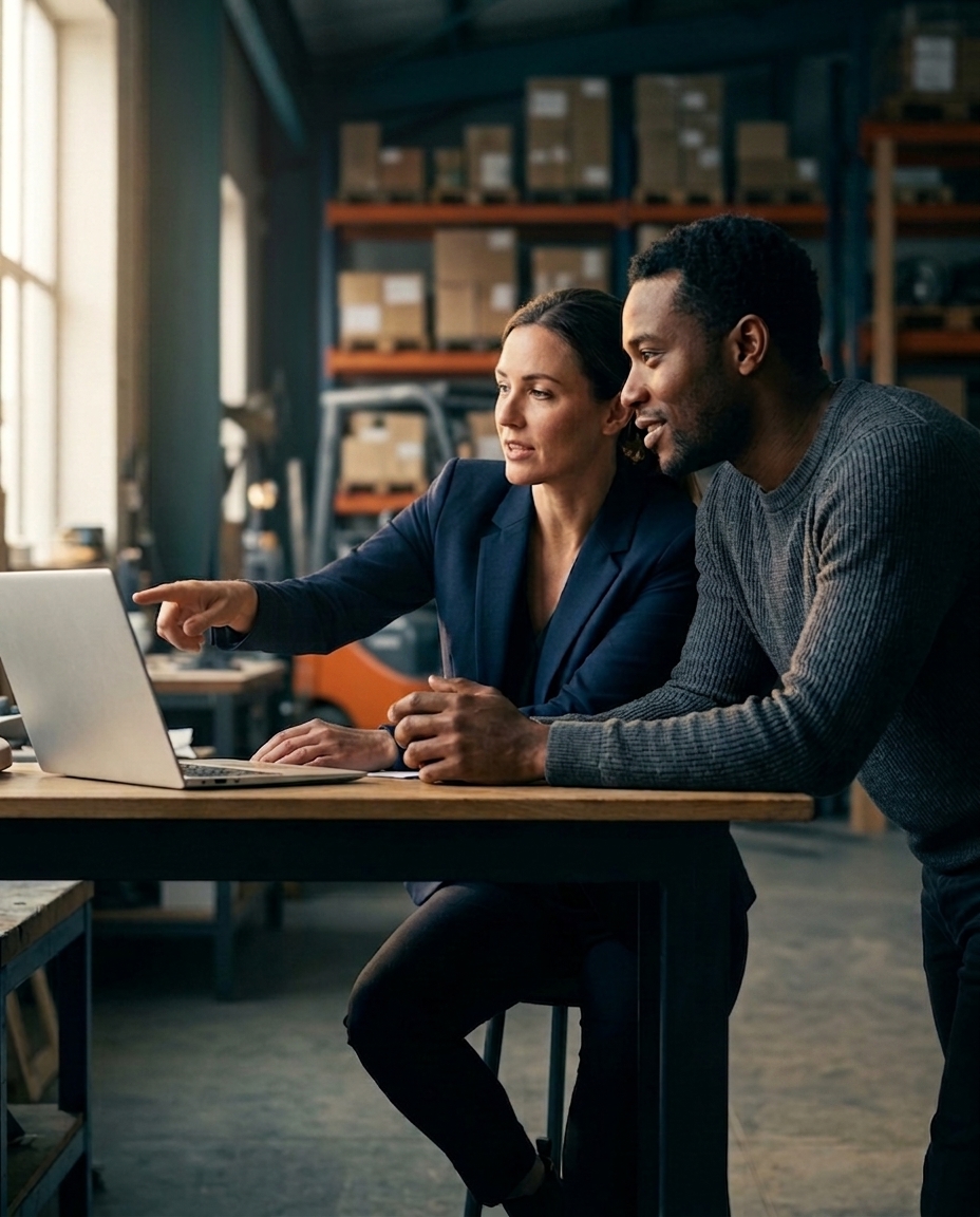 Two professionals working together in a warehouse, reviewing information on a laptop